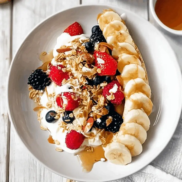 Breakfast Banana Split with yogurt, berries, and granola on a plate