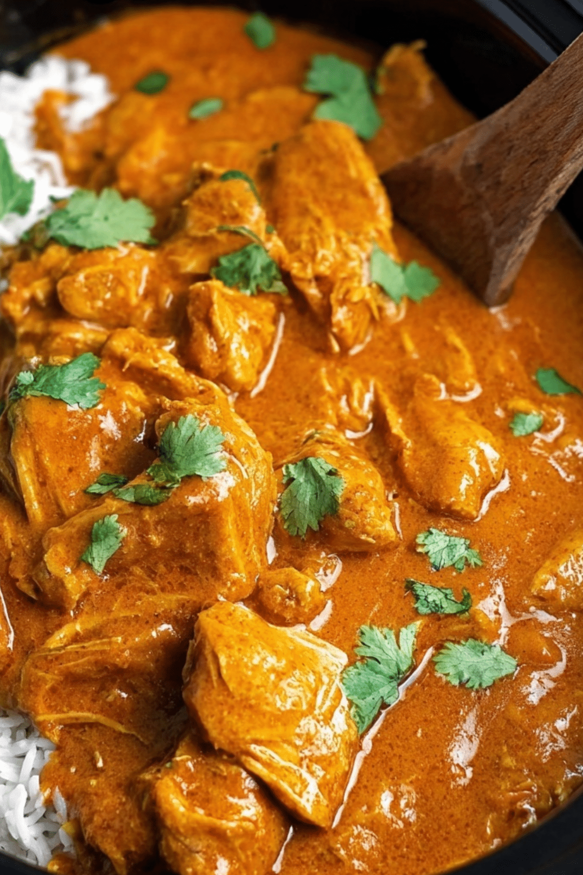 Butter Chicken Slow Cooker with rice and cilantro garnish