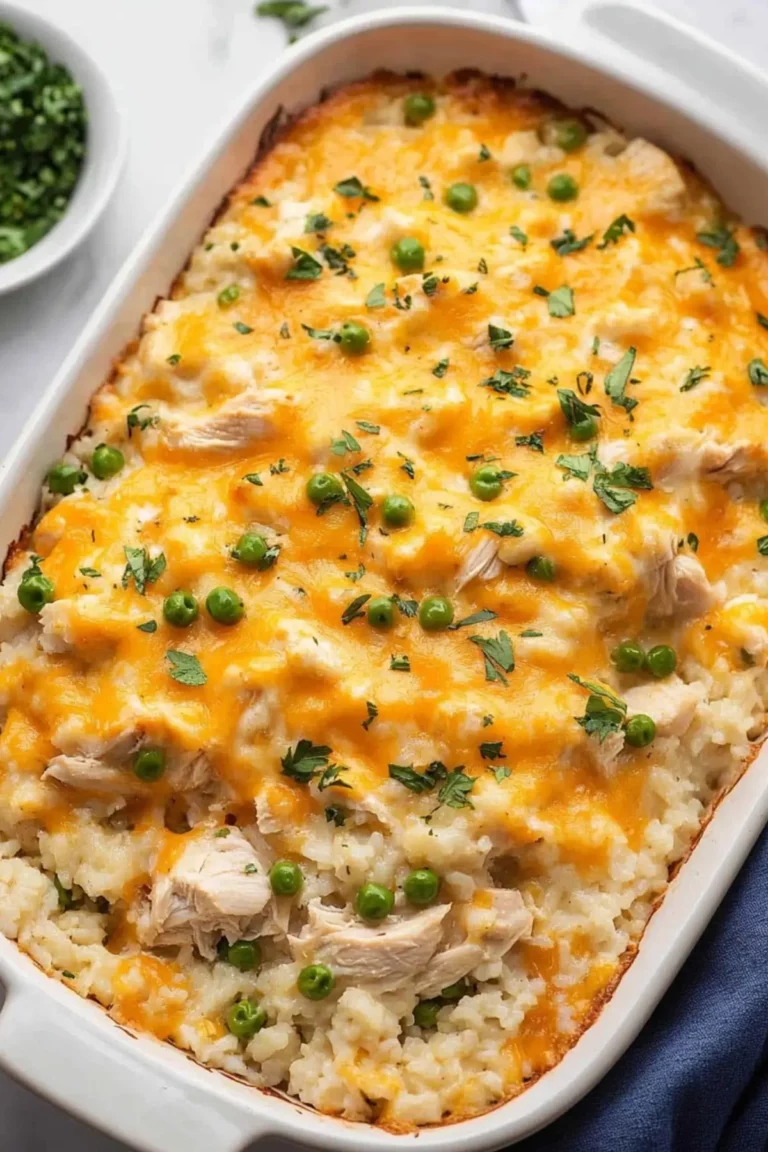 Cheesy chicken and rice casserole with melted cheese