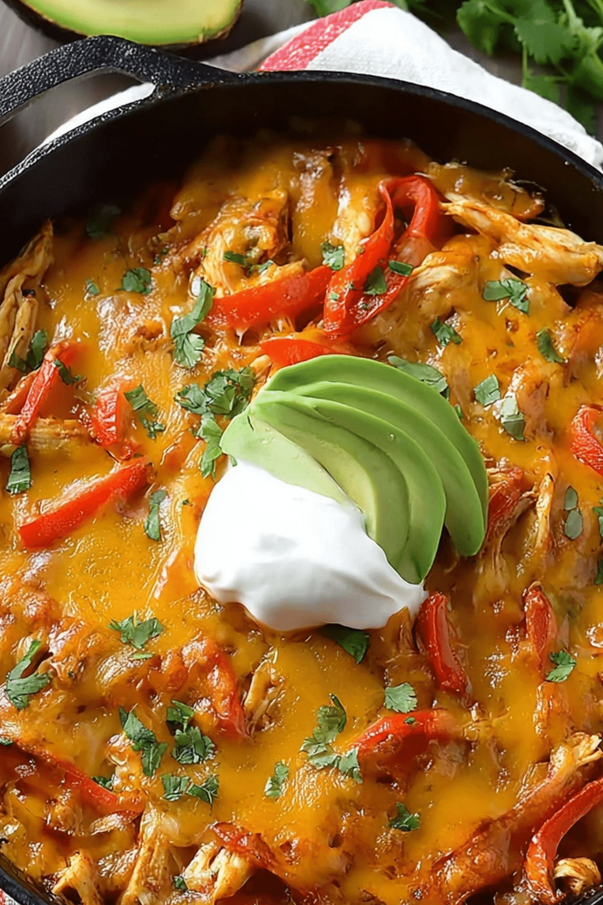 Chicken Fajita Casserole with bell peppers and melted cheese