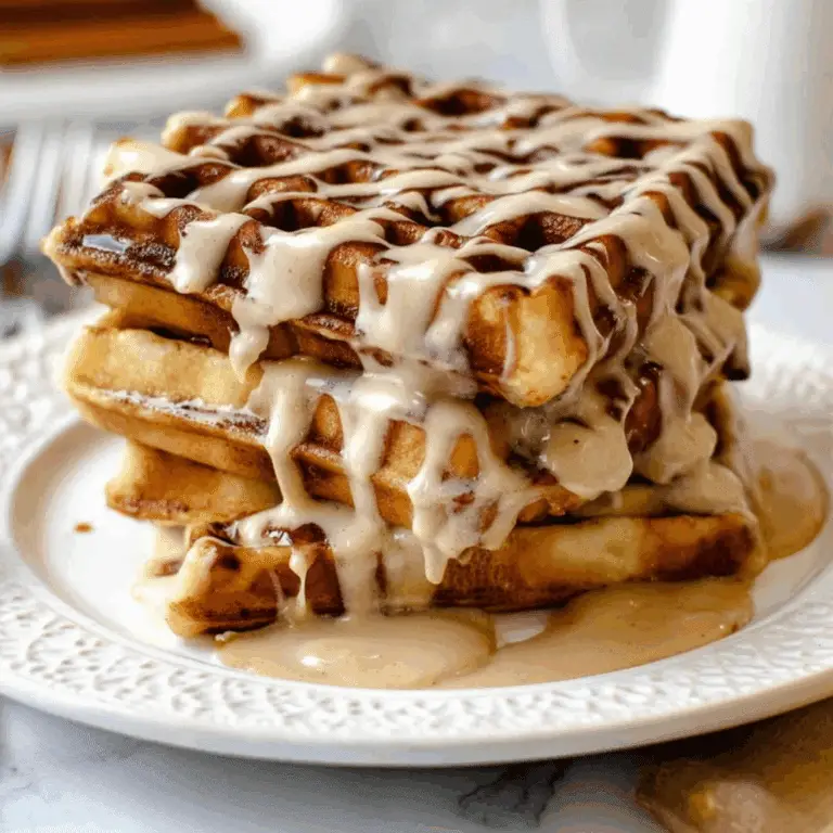 Cinnamon Roll Waffles with cream cheese maple glaze and cinnamon topping
