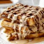 Cinnamon Roll Waffles with cream cheese maple glaze and cinnamon topping