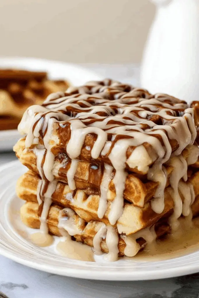 Cinnamon Roll Waffles with cream cheese maple glaze and cinnamon topping