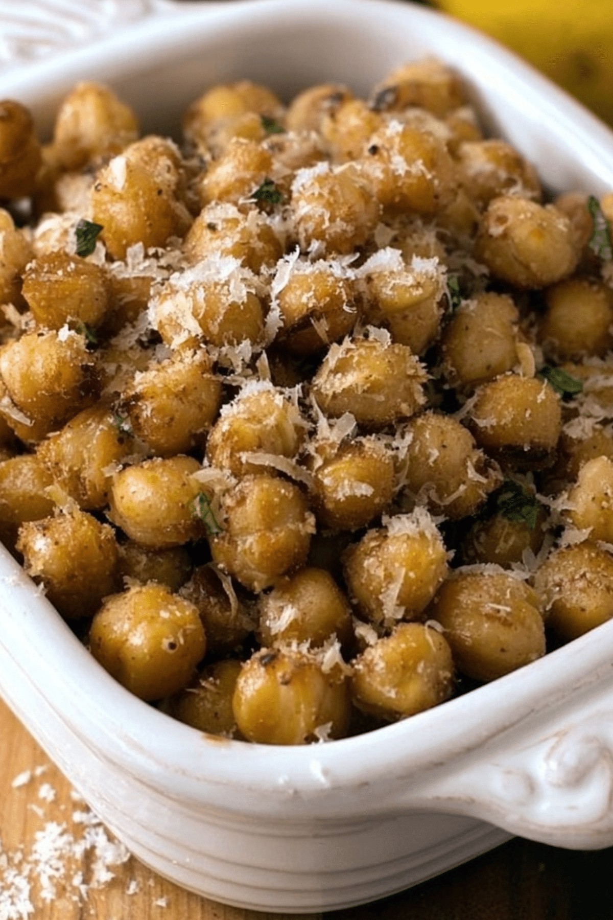 Crispy Parmesan Chickpeas in a bowl with seasoning