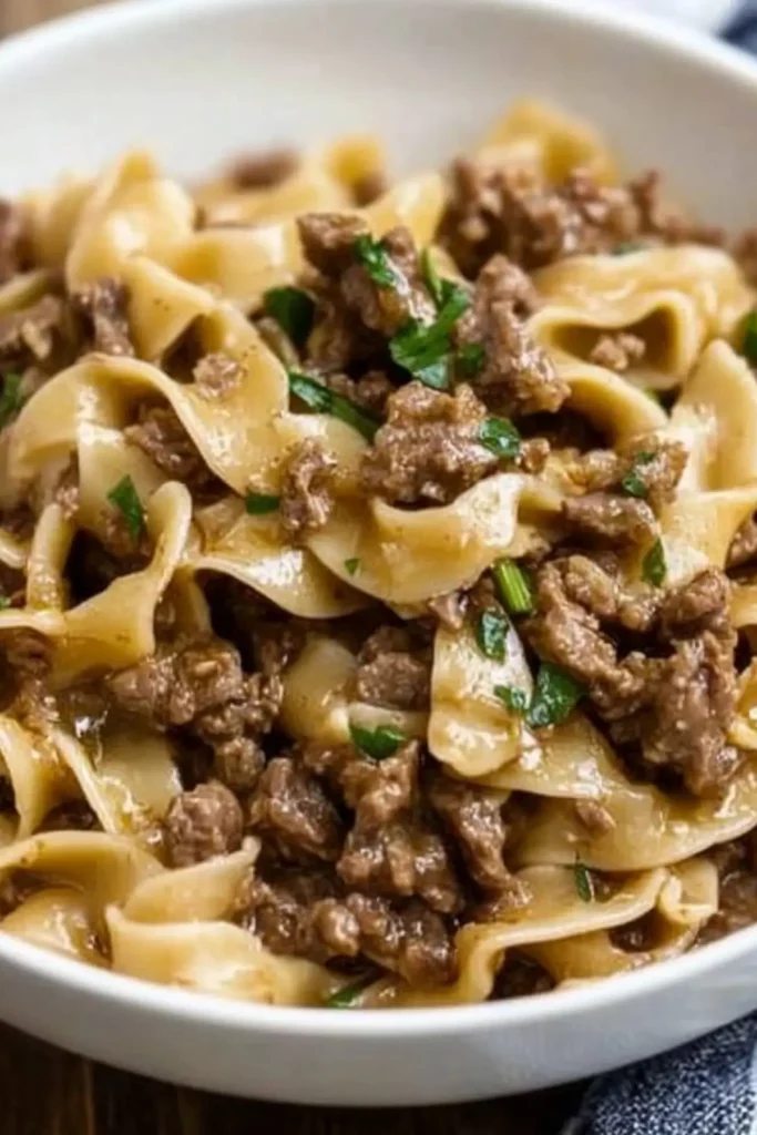 Easy Beef and Noodles served in a skillet