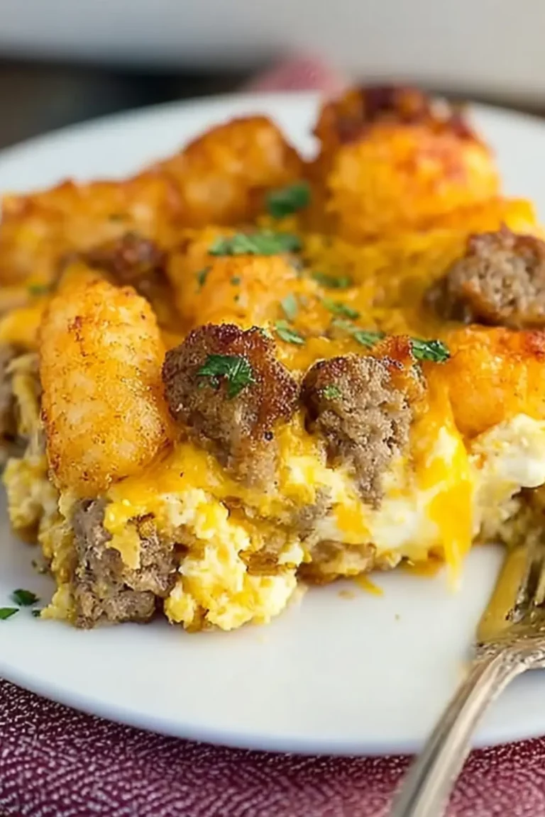 Tater Tot Sausage Breakfast Casserole recipe with eggs, sausage, and cheese