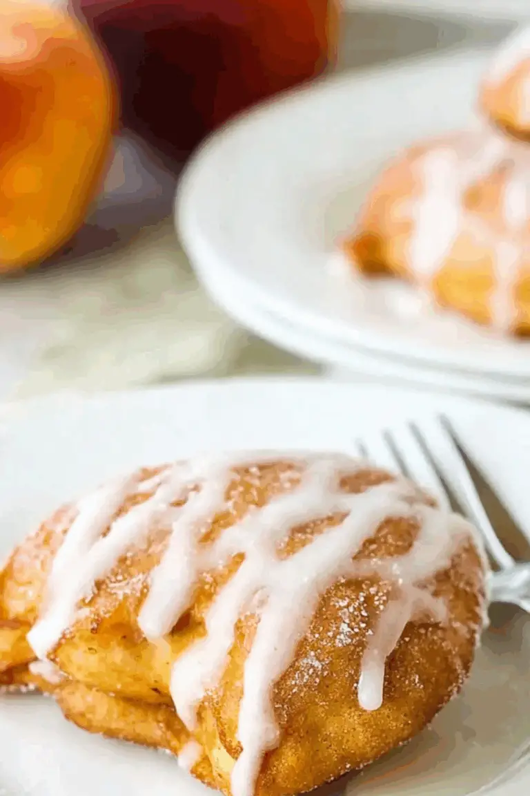 Fresh Peach Fritters served on a plate with powdered sugar glaze