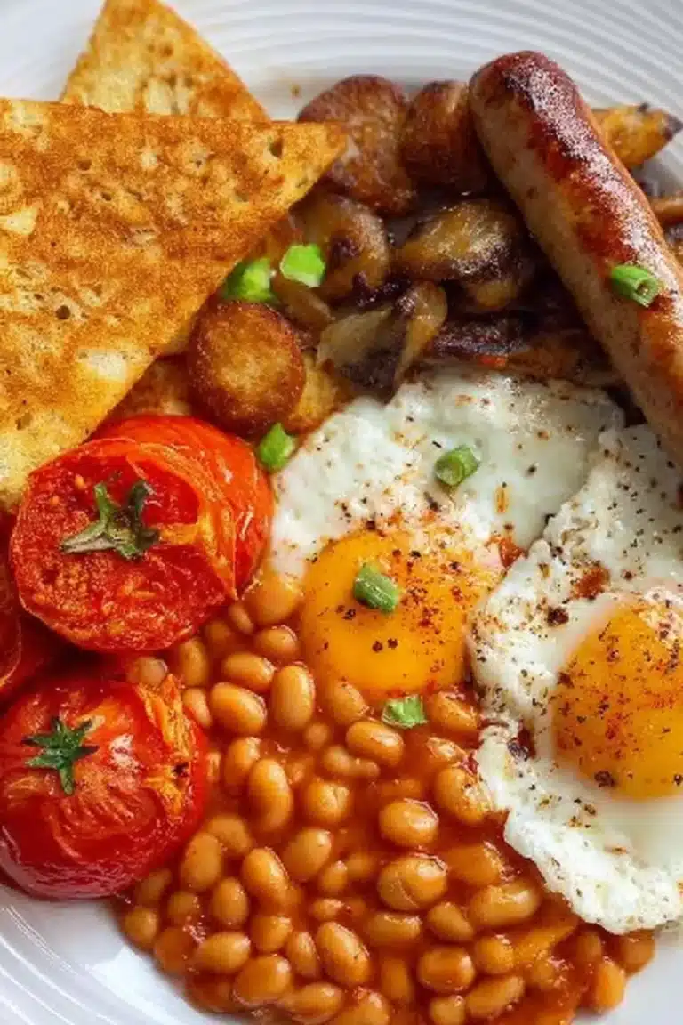 Full English Breakfast with eggs, sausages, toast, and baked beans