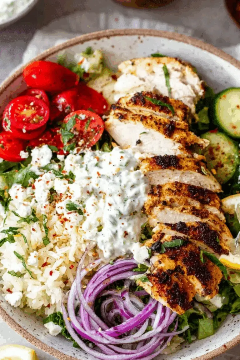 Greek Chicken Bowls with Tzatziki, fresh veggies, and marinated chicken