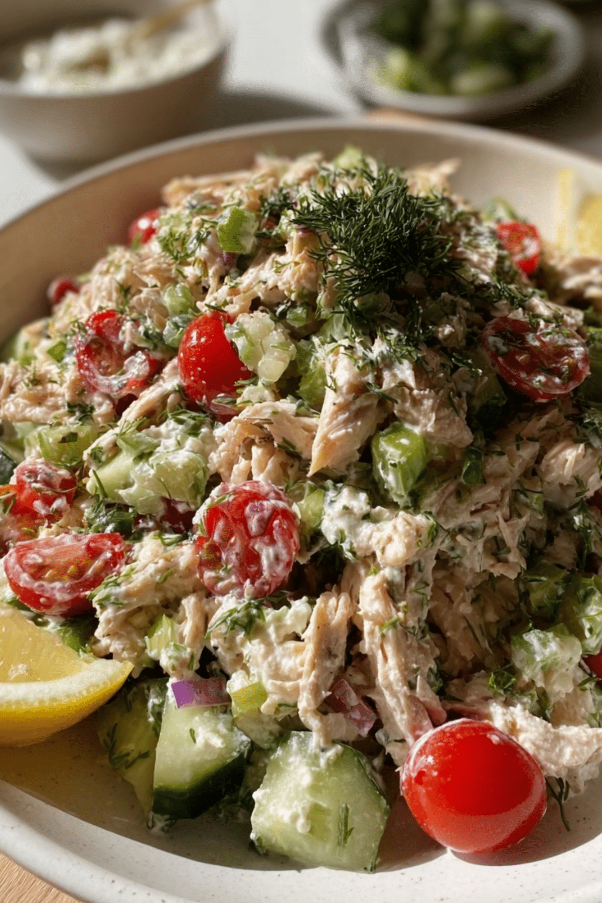 Greek Tzatziki Chicken Salad with fresh vegetables and almonds