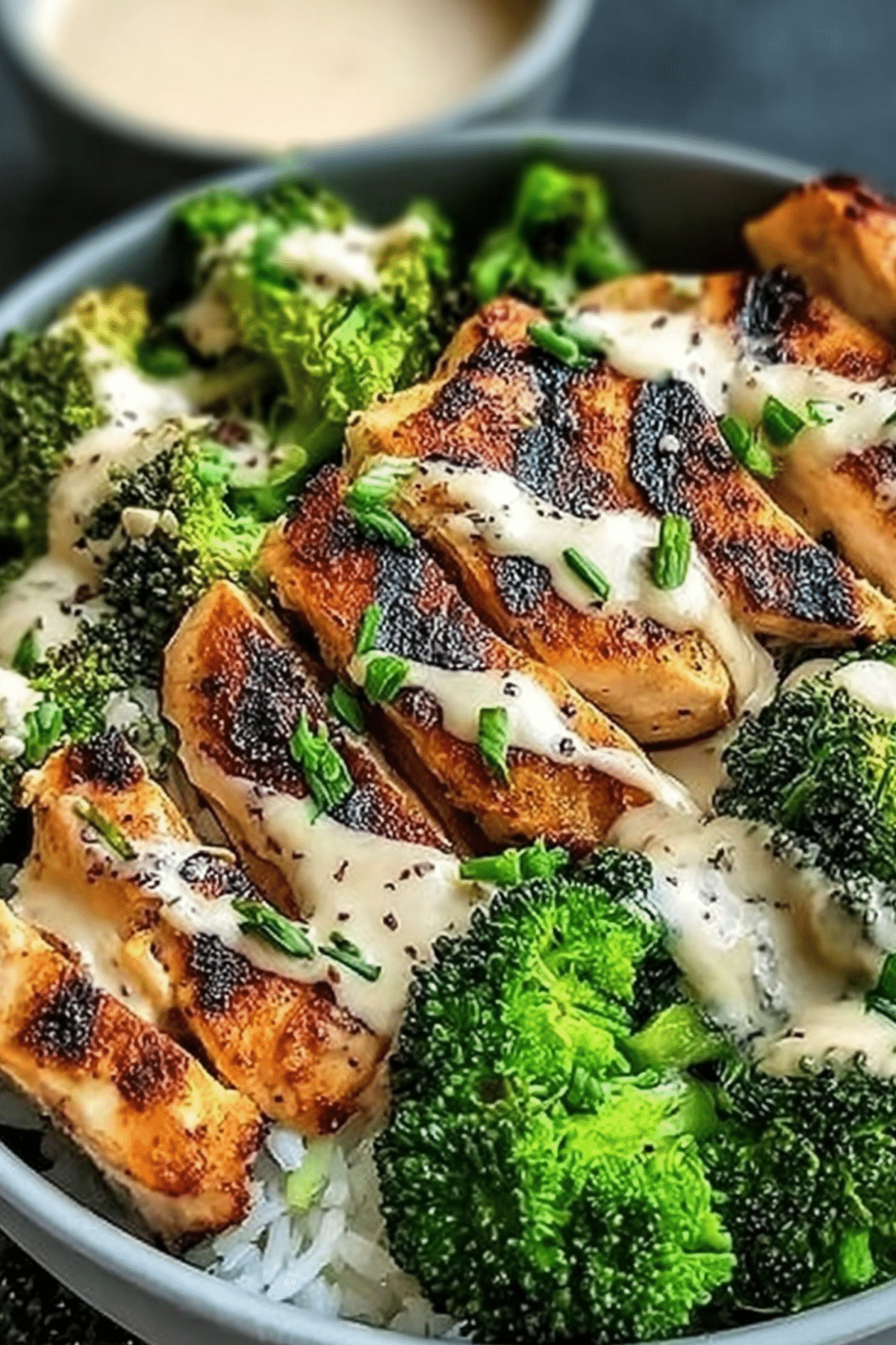 Grilled Chicken & Broccoli Bowls with Creamy Garlic Sauce