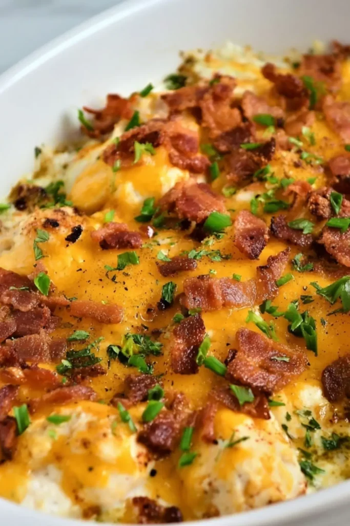 Keto Chicken Bacon Ranch Casserole with cheese and bacon