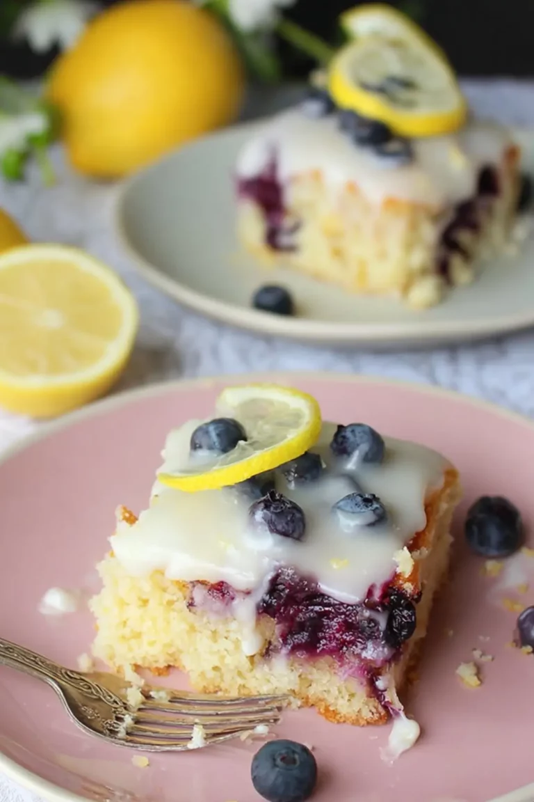 Lemon Blueberry Sheet Cake recipe with fresh blueberries and glaze