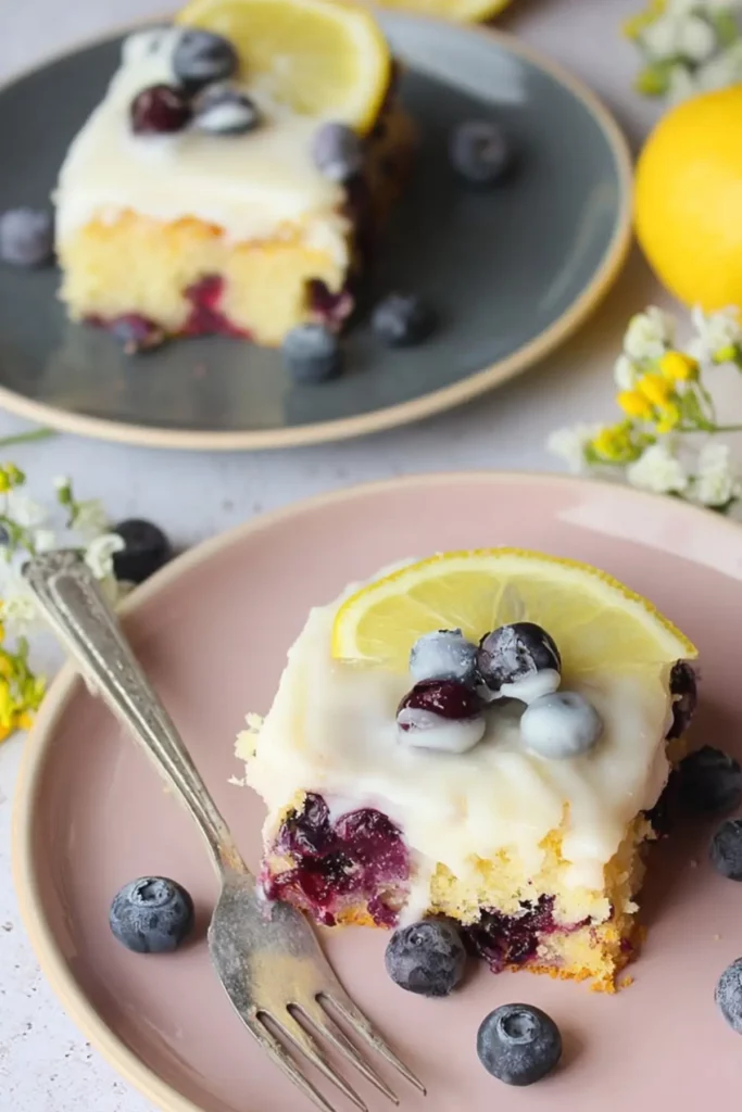 Lemon Blueberry Sheet Cake recipe with fresh blueberries and glaze