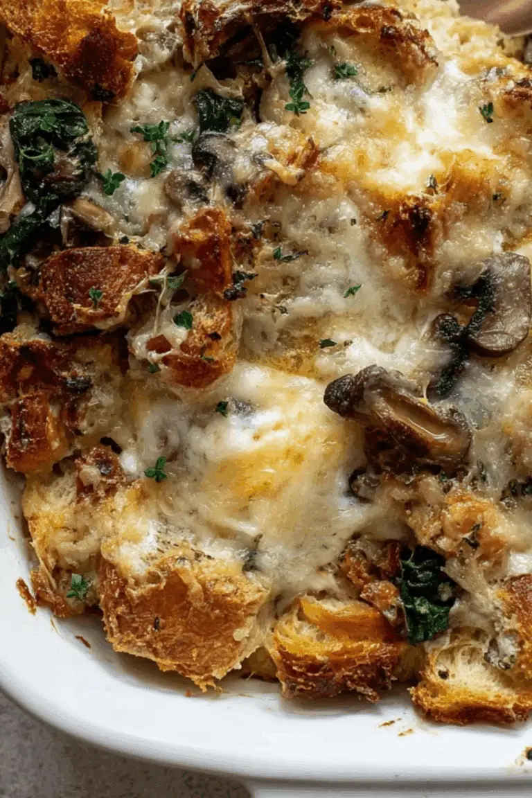 Overnight Croissant Breakfast Bake with toasted croissants, spinach, and mushrooms