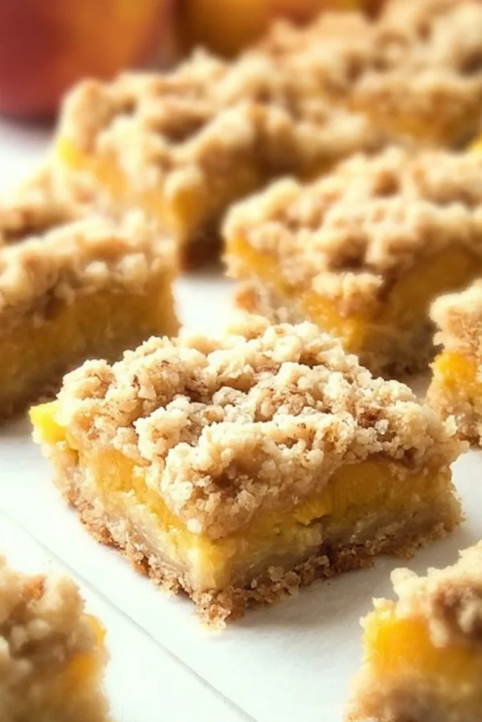 Peach Crumble Bars with a golden crust and juicy peach filling