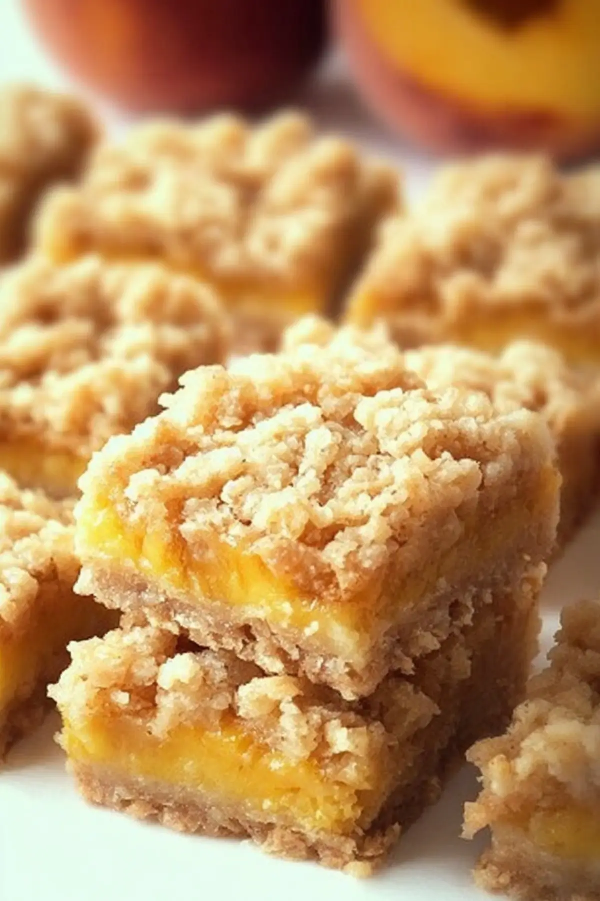 Peach Crumble Bars with a golden crust and juicy peach filling