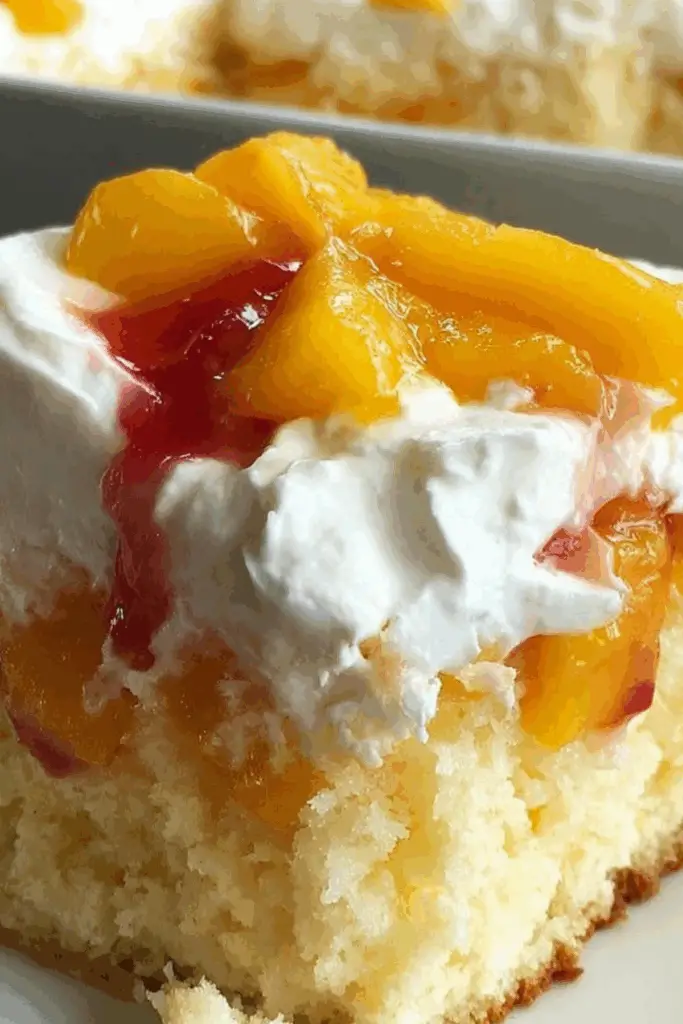 Peaches and Cream Poke Cake with fresh peaches and whipped topping