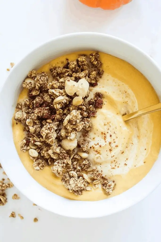 Pumpkin Pie Yogurt Bowl with granola and toppings