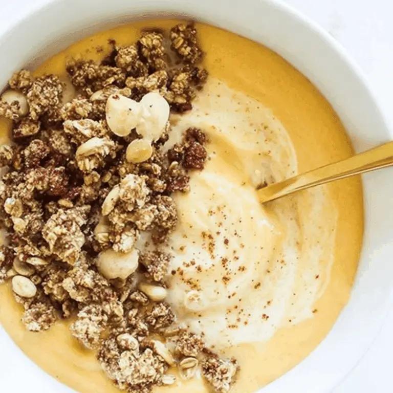 Pumpkin Pie Yogurt Bowl with granola and toppings