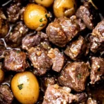 Slow Cooker Garlic Butter Beef Bites with tender beef and creamy garlic sauce