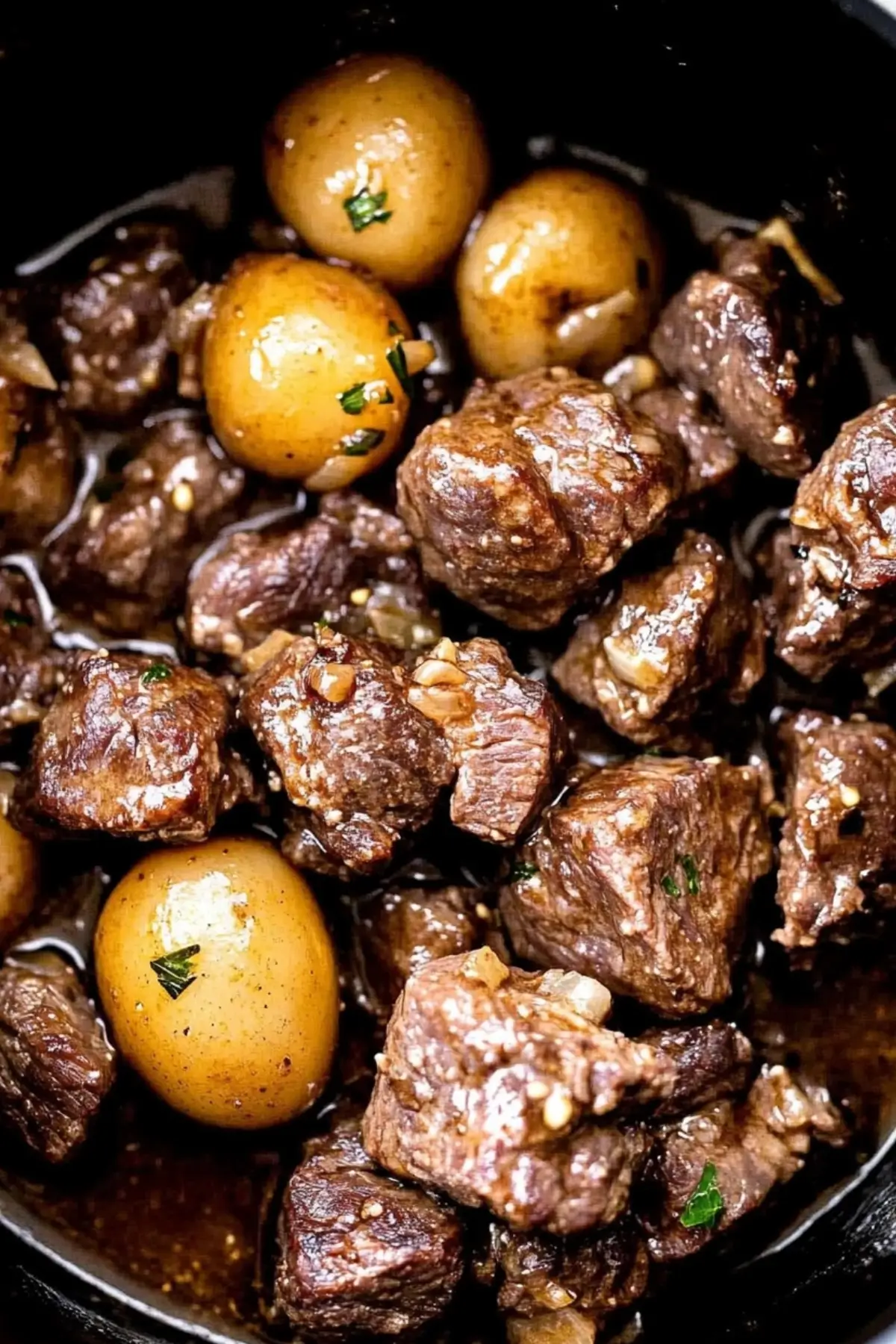 Slow Cooker Garlic Butter Beef Bites with tender beef and creamy garlic sauce