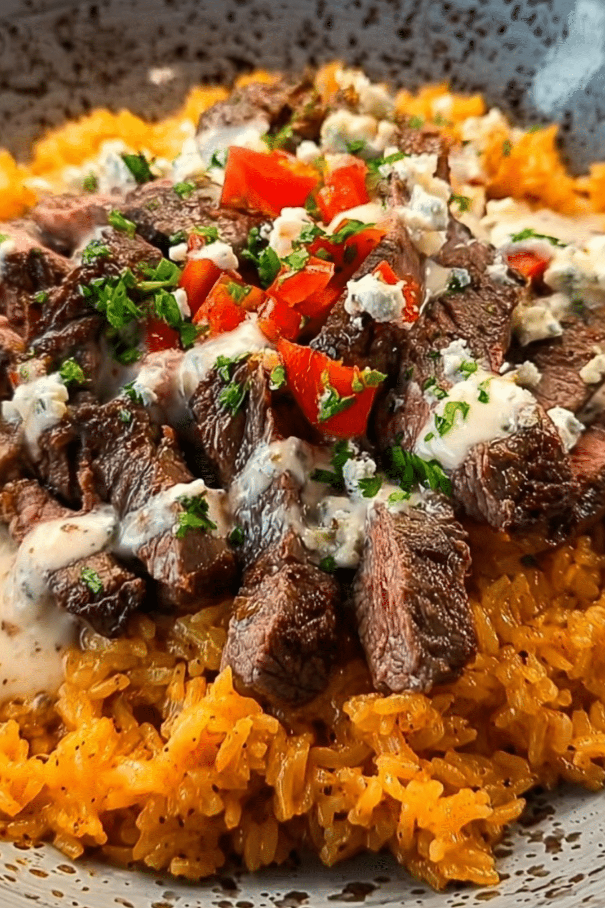 Steak Queso Rice recipe with creamy queso, steak strips, and seasoned rice.