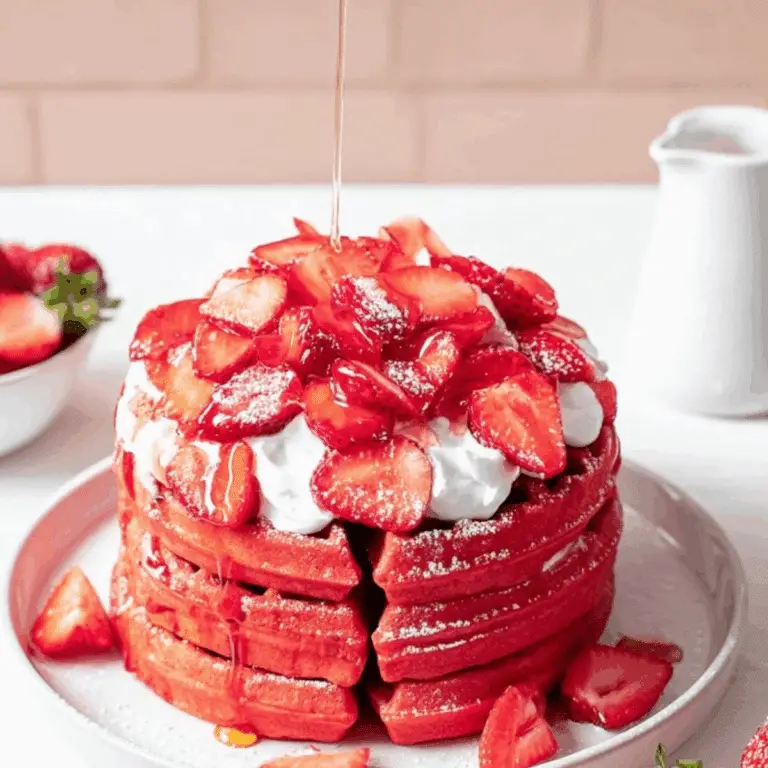 Homemade strawberry waffles topped with whipped cream and syrup.