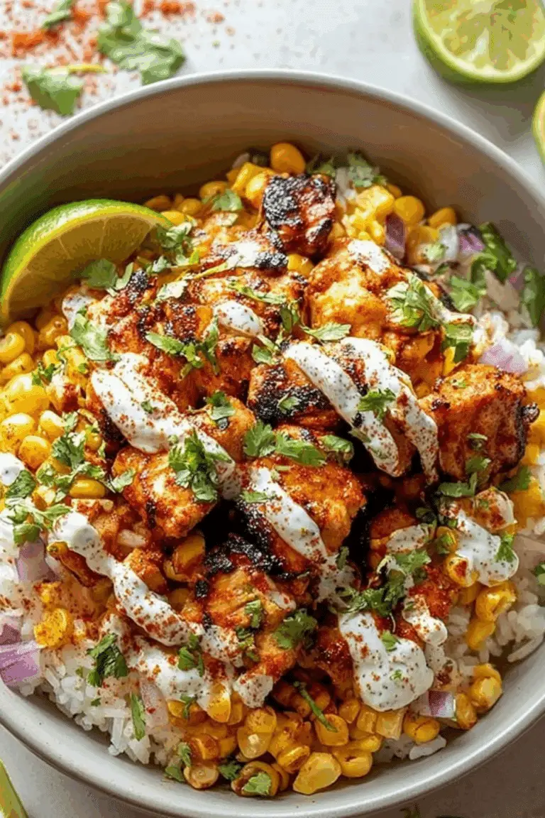 Street Corn Chicken Rice Bowl with grilled corn and lime sauce