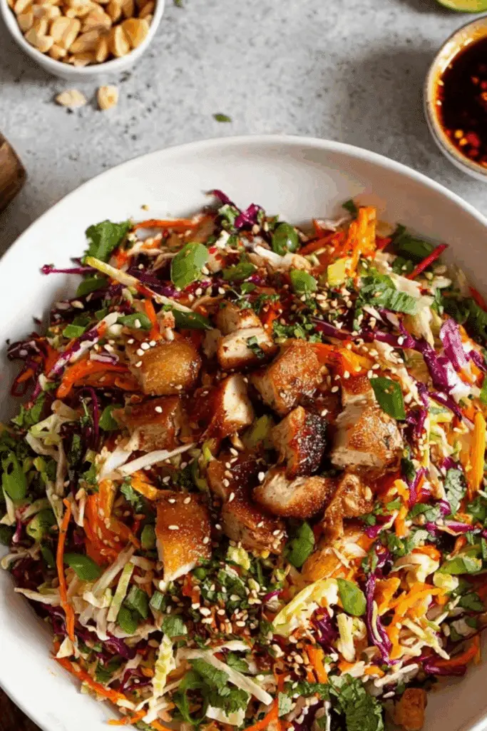 Asian Chicken Crunch Salad with crispy chicken and peanut dressing