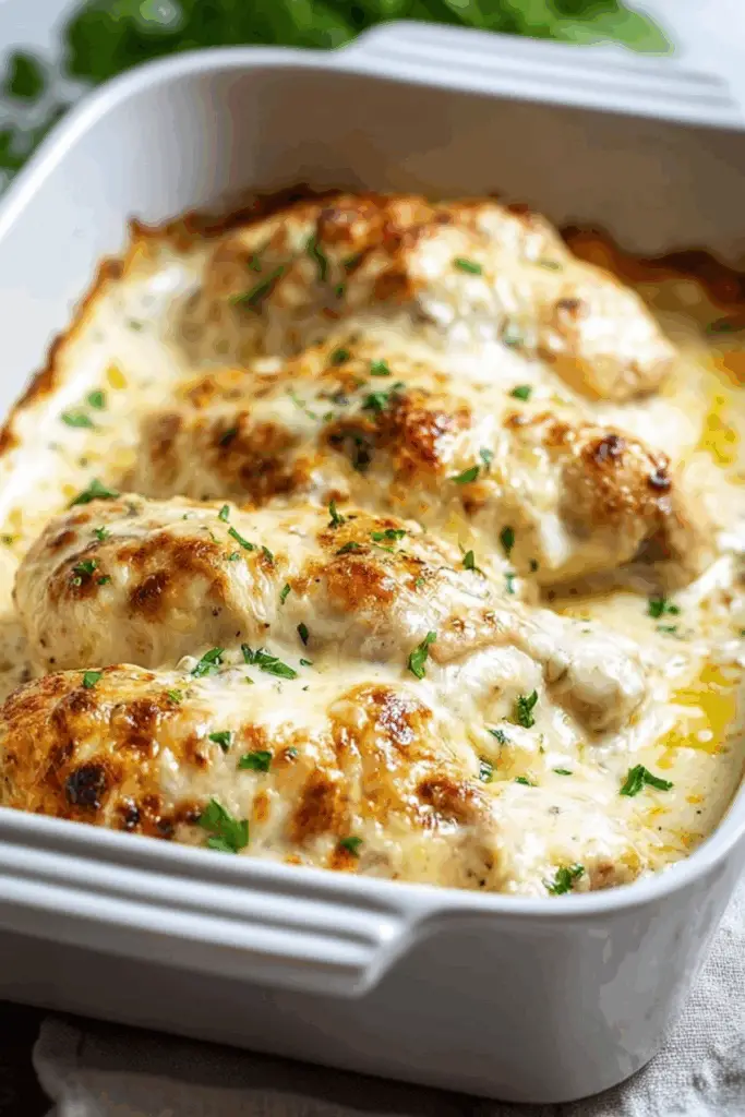 Baked cream cheese chicken served with creamy garlic sauce