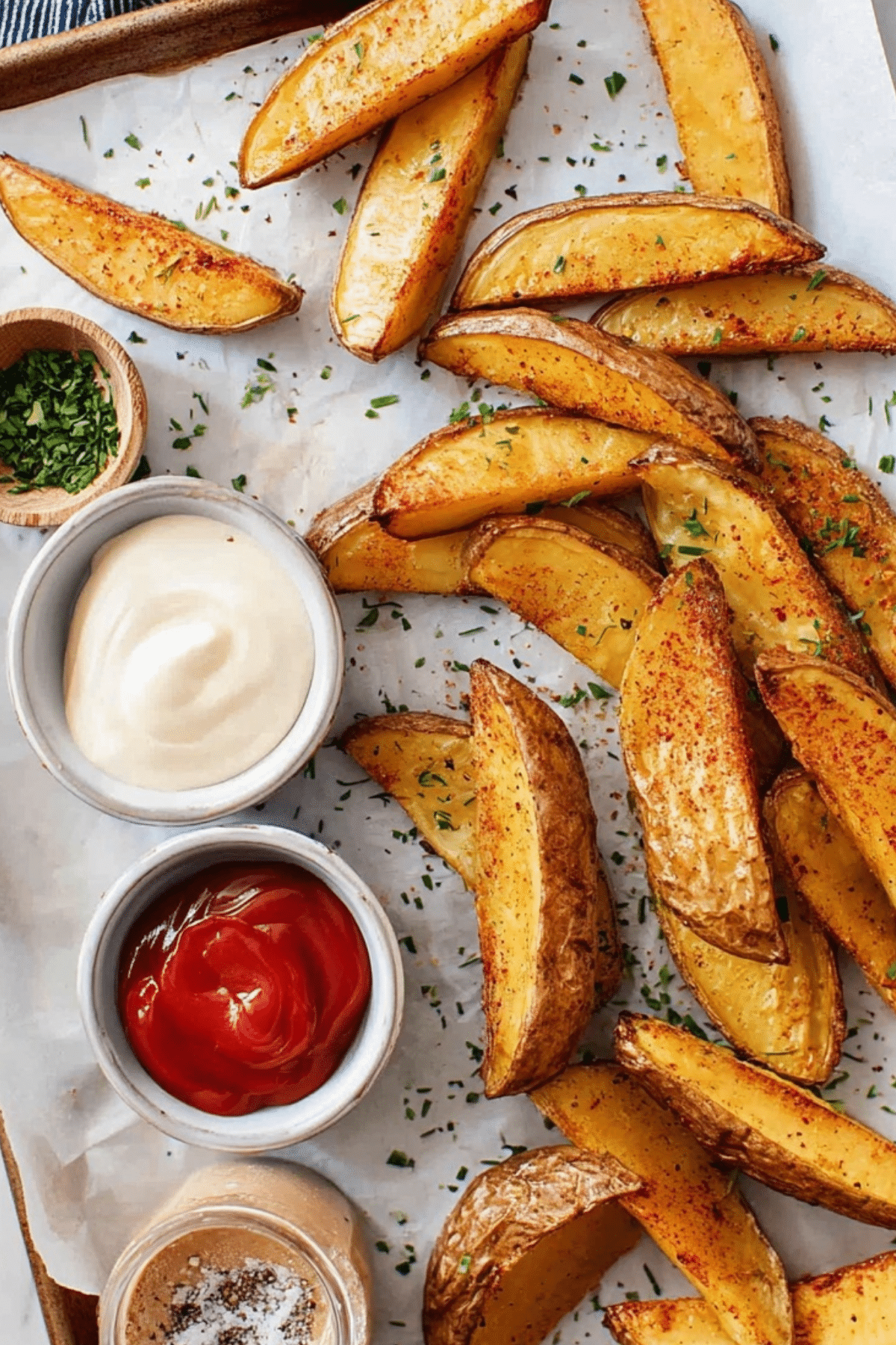 Crispy baked potato wedges served with dipping sauce