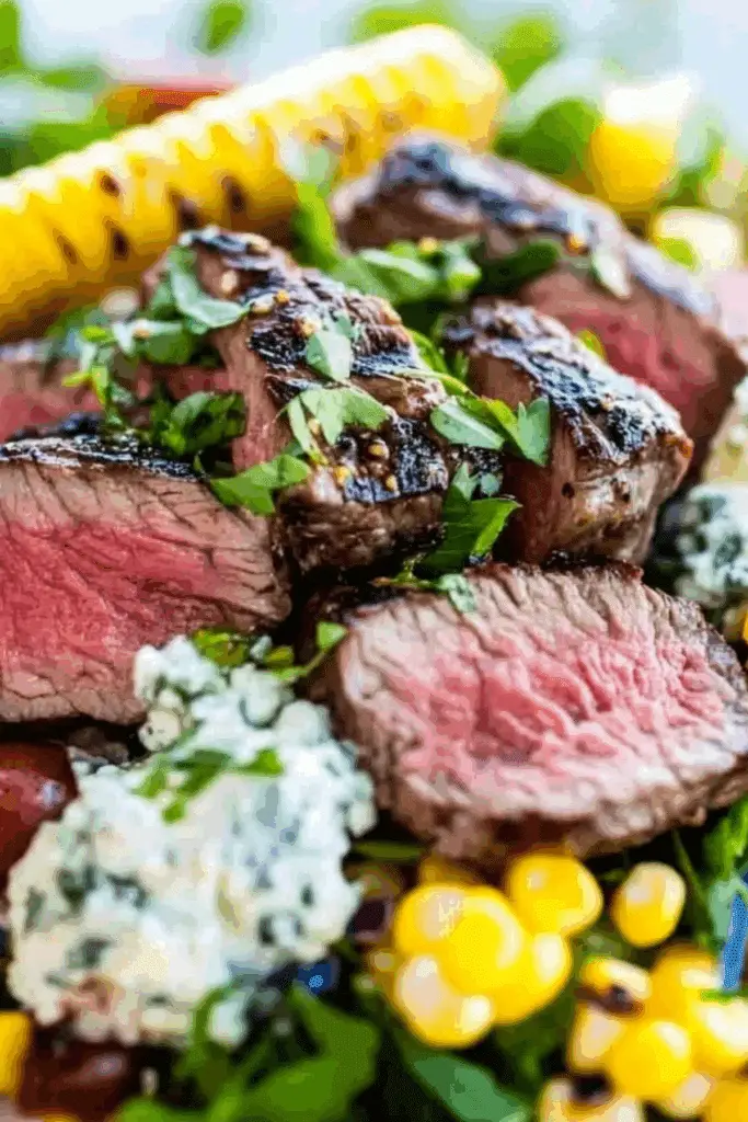 Balsamic Steak Gorgonzola Salad with Grilled Corn