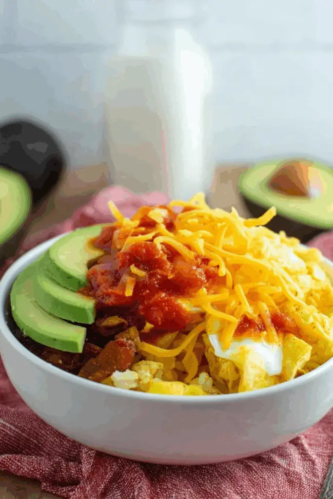 Breakfast Burrito Bowl recipe with eggs, salsa, and avocado