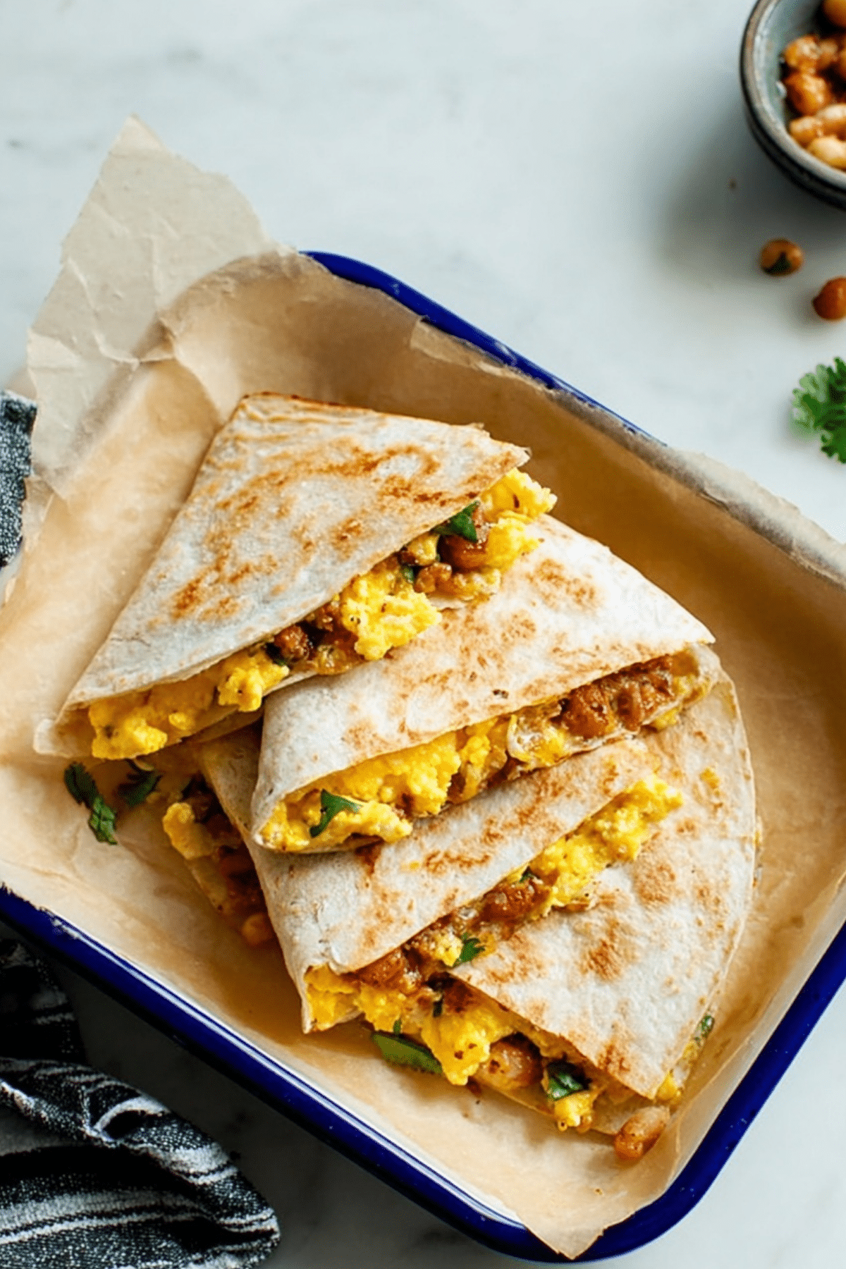 Close-up of crispy breakfast quesadillas with eggs and cheese