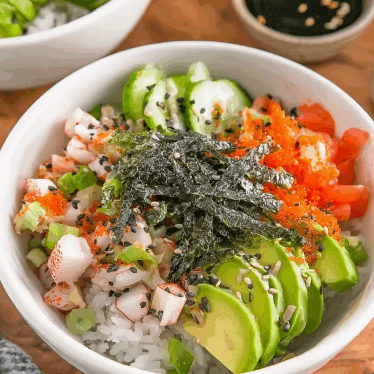 California Roll Sushi Bowls with imitation crab, avocado, and spicy mayo