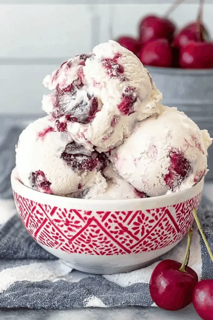 Homemade Cherry Vanilla Ice Cream Recipe with fresh cherries