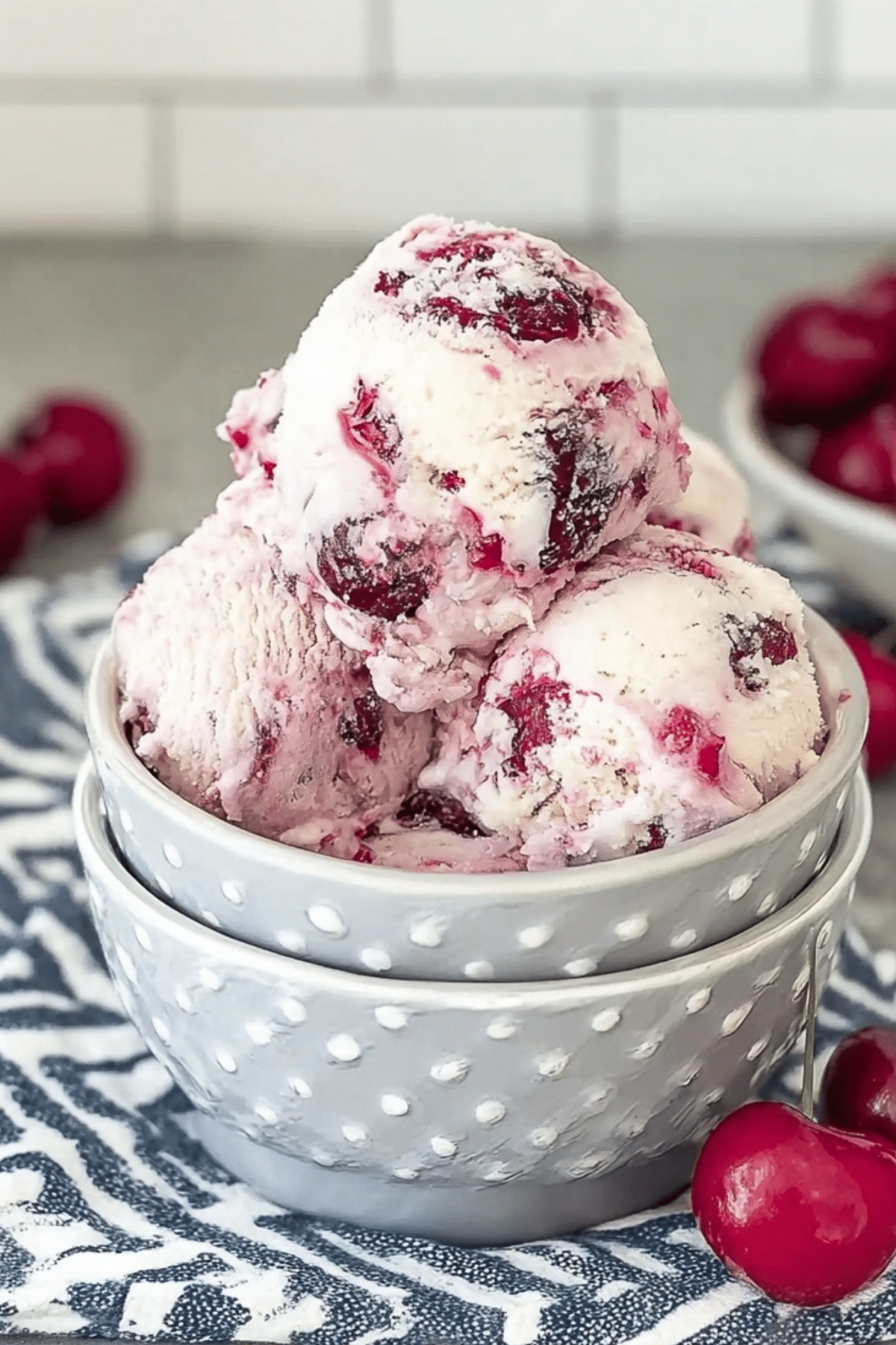 Homemade Cherry Vanilla Ice Cream Recipe with fresh cherries