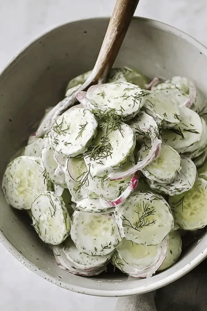 Creamy dill cucumber salad with sour cream and fresh herbs