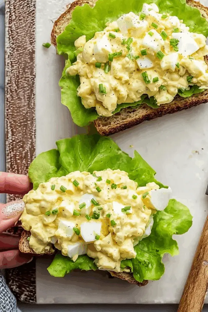 Egg salad sandwich served on toasted bread with fresh lettuce