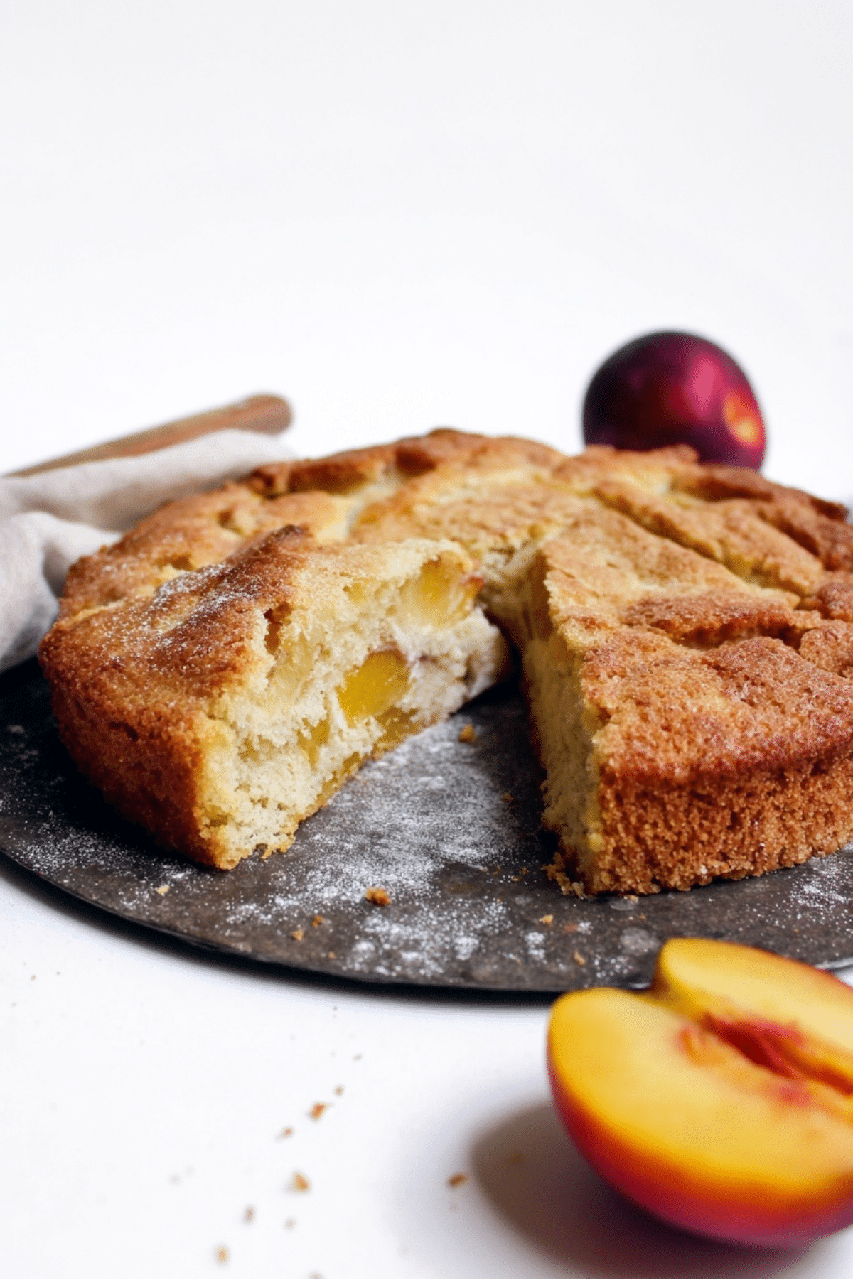 French Nectarine Cake with ripe summer fruit on rustic plate