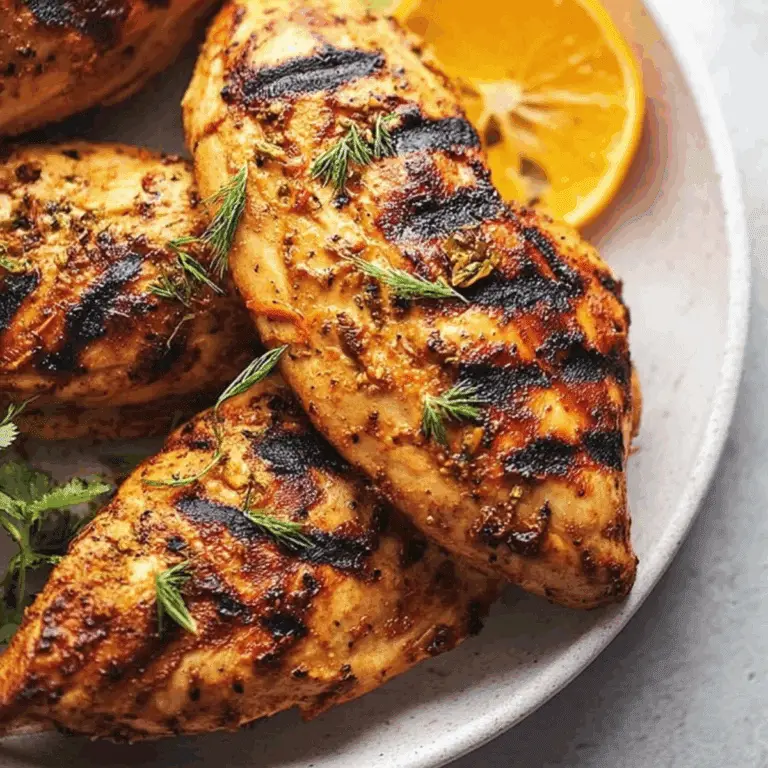 Citrus Dijon Grilled Chicken with fresh herbs and citrus wedges on grill