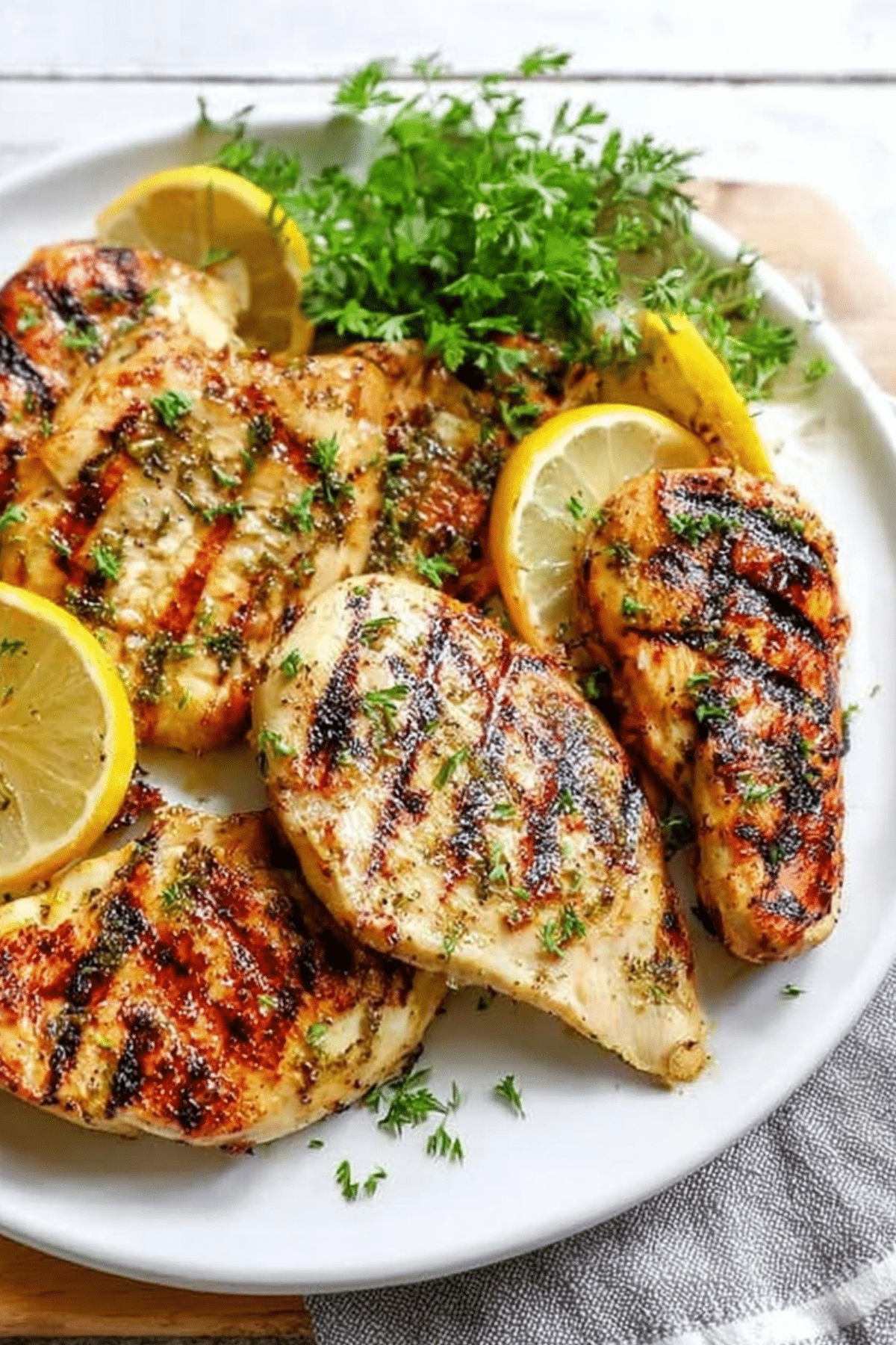 Grilled lemon chicken on a summer BBQ grill with herbs and lemon slices