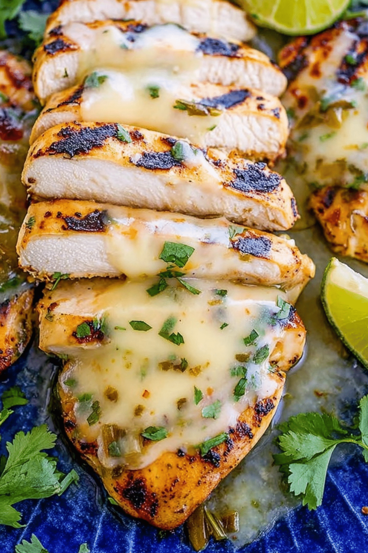 Grilled Salsa Verde Pepper Jack Chicken with melted cheese and fresh cilantro