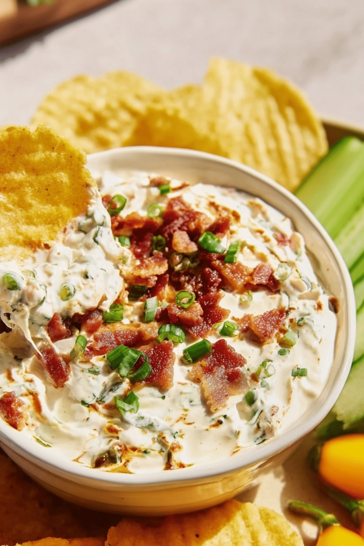High Protein Crack Dip Recipe made with Greek yogurt, bacon, and cheddar
