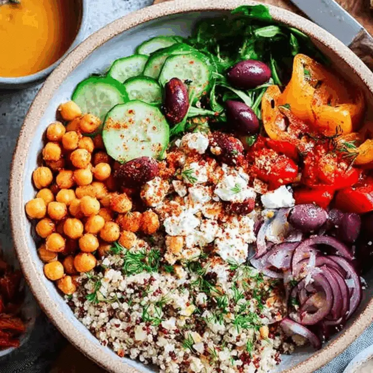 Mediterranean bowl with quinoa, hummus, and roasted chickpeas