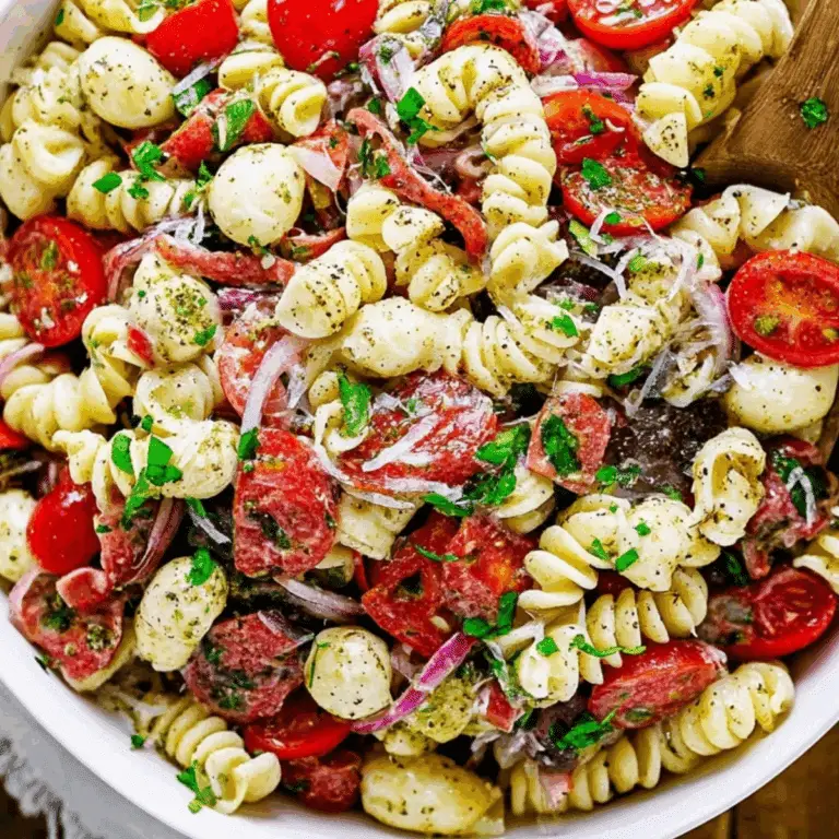 Italian Dressing Pasta Salad with vibrant vegetables and mozzarella pearls
