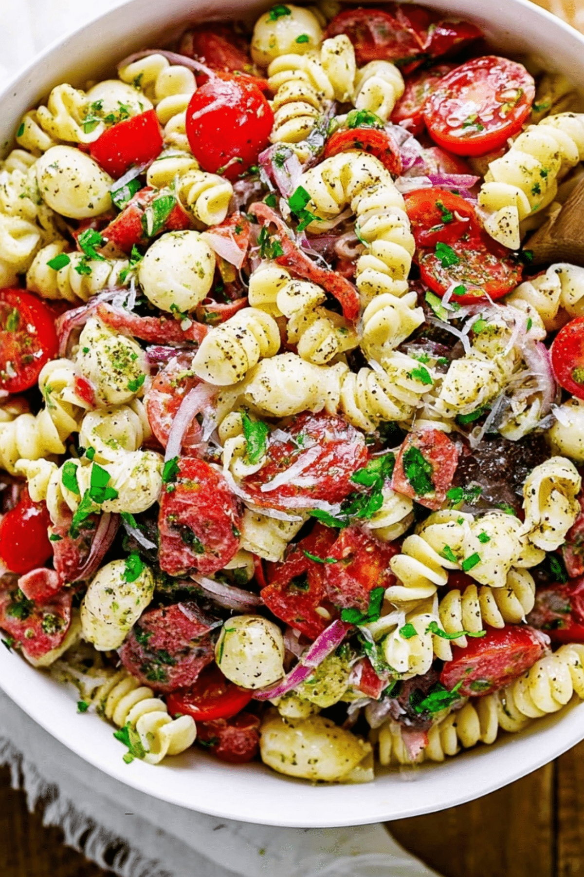Italian Dressing Pasta Salad with vibrant vegetables and mozzarella pearls