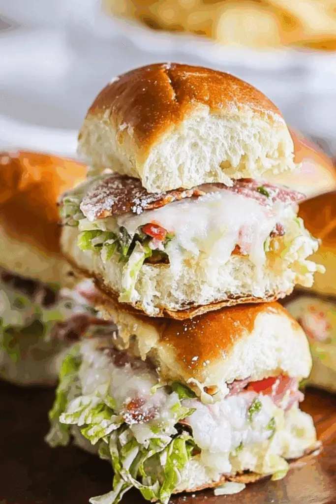 Italian Grinder Sliders on a plate with melted cheese and savory meats