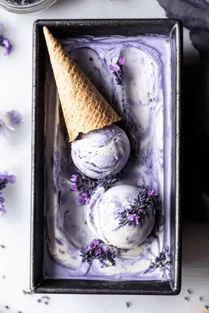 Lavender Earl Grey Ice Cream served in a bowl with swirls